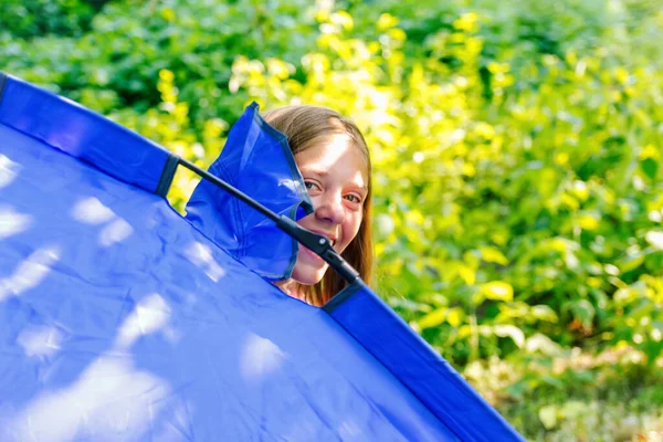 Rozkojarzona Nastolatka Wygląda Przez Okno Namiotu Kempingu Zielona Przyroda Las — Zdjęcie stockowe
