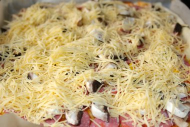 Defocus, üzerine taze rendelenmiş mozzarella peyniriyle tüm pizzayı yakın plan çek. Hamur üzerinde pizza için Defocus yakın çekim malzemeleri. Ev yapımı İtalyan pizzası. İtalyan mutfağı geçmişi. Odaklanamıyorum