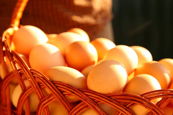 Many eggs in basket. Closeup whole basket of brown organic eggs on modern green background. Poultry farm. Eco agriculture, fresh group egg, import, export. Closeup. Sunny. Macro. Close-up.