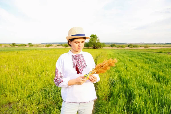 Defokus Žena Vyshyvanka Drží Kytici Zralých Zlatých Hřeby Pšenice Svázané — Stock fotografie