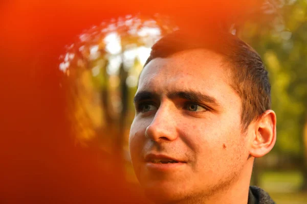 Defocus Portrait Young Man Nature Autumn Background Serious Single Young — Stock Photo, Image