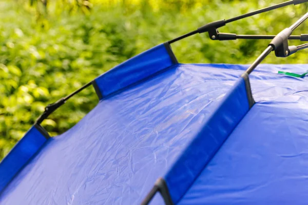 Defocus Autumatic Closeup Blue Tourist Tent Standing Green Nature Background — Stock Fotó