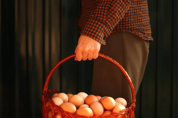 Many Eggs Basket Female Hand Holding Whole Basket Brown Organic — Stockfoto