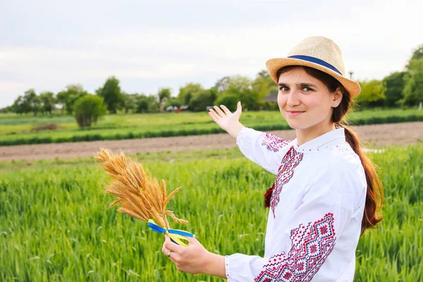 Defocus Young Woman Vyshyvanka Holding Bouquet Ripe Golden Spikelets Wheat — Fotografia de Stock