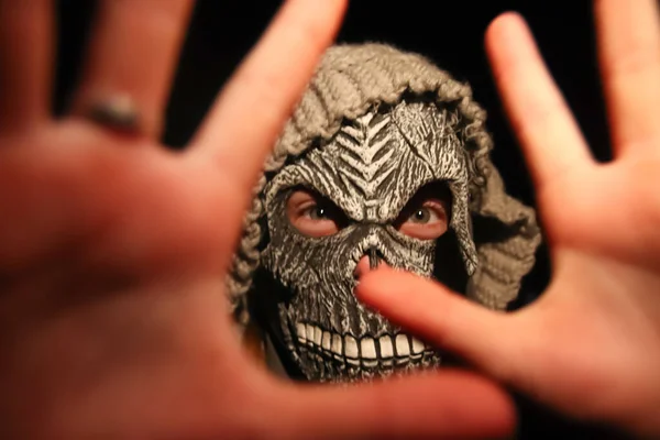 Defocus Halloween People Person Grim Reaper Mask Standing Black Background — Fotografia de Stock