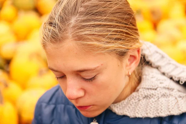 Defocus Sad Depressed Young Teenage Girl Sitting Yellow Background School — Photo