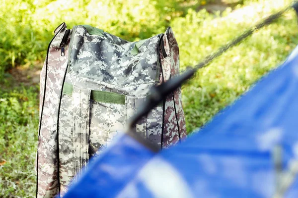 Defocus Blue Open Tourist Tent Standing Green Nature Background Army — Stock Fotó