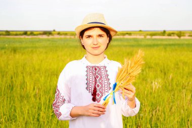 Defocus young woman in vyshyvanka and hat holding bouquet of ripe golden spikelets of wheat tied on the meadow nature background. Flag Ukraine. Happy ukrainian girl. Out of focus.