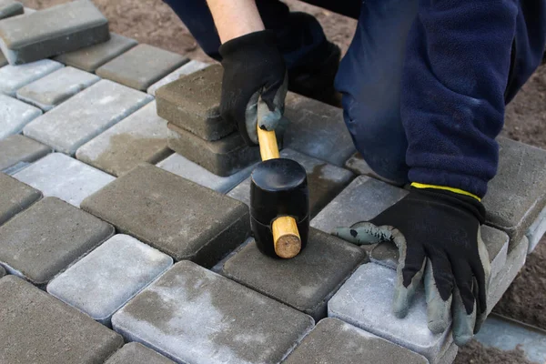 Defocus paver master. Man lays paving stones in layers. Garden brick pathway paving by professional paver worker. Hands of worker installing concrete paver blocks with rubber hammer. Out of focus.