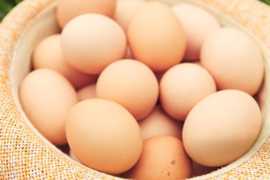 Arka planda hasır şapkalı yumurtaları defocus. Bulutlu bir günde yeşil doğa zemininde ahşap sepette tavuk yumurtası. Arkaplan. Organik yiyecekler. İlkbahar. Paskalya yumurtası. Odaklanamıyorum.