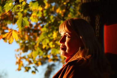 Defocus portrait of beautiful Caucasian blonde woman in colorful yellow maple autumn park. Bright stylish woman in coat near tree trunk. Hello fall concept. Yellow maple leaf. Flare. Out of focus.
