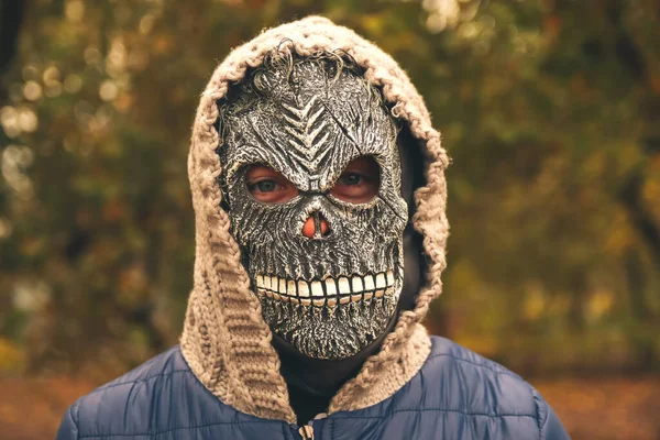 Defocus Closeup Halloween People Portrait Person Grim Reaper Mask Standing — Zdjęcie stockowe