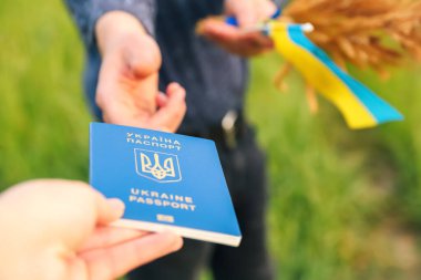 Defocus passport Ukraine. Male hand holding ukrainian passport on the meadow nature background. Flag Ukraine. Welcome Ukraine. Freedom. Out of focus.