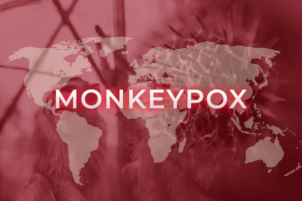 Monkeypox new disease dangerous over the world. Monkeypox virus pandemic. Red background. Virus transmitted to humans from animals. Pox virus vaccine. Smallpox test. Pandemic. World map.
