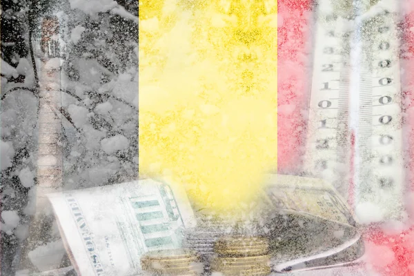 Defocus energy crisis in Europe concept. Increase in the cost of gas bill. Belgium flag. Russia war sanctions. Economy problems. Cold hard winter. Poverty sad citizen. Out of focus.
