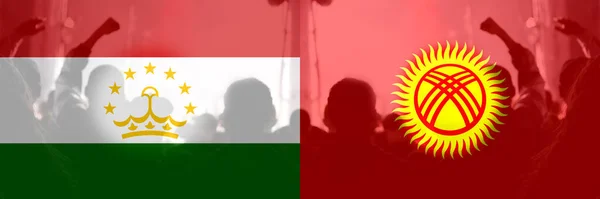 Defocus conflict Kyrgyzstan and Tajikistan, war between Kyrgyzstan vs Tajikistan, fabric national flag Kyrgyzstan and Flag Tajikistan, war crisis concept. Protest. Out of focus.