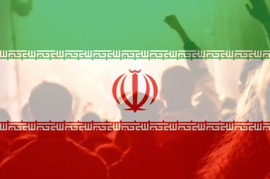 Defocus protest in Iran. Conflict war over border. Fire, flame. Country flag. Woman low rights. Out of focus. clipart