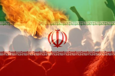 İran 'da yapılan protestoları iptal et. Sınır üzerinde çatışma. Ateş, alev. Ülke bayrağı. Odaklanamıyorum.