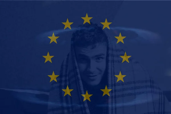 Defokus Man Klädd Filt Europeiska Unionens Flagga Ökning Kostnaderna För — Stockfoto