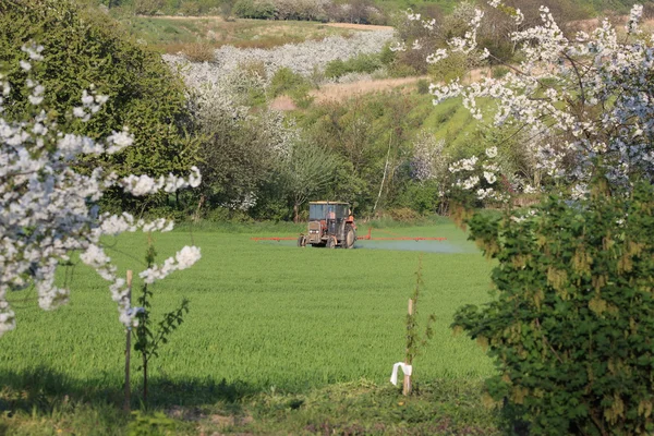 Farm tractor spraying field before planting — Stock Photo, Image