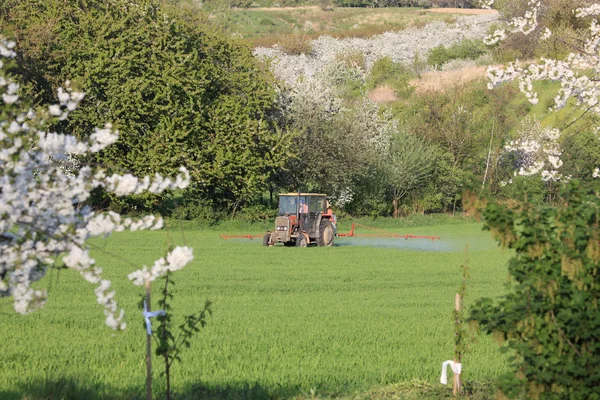 Farm tractor spraying field before planting — Stock Photo, Image