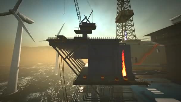 Plataforma de equipamento de petróleo e turbinas eólicas ao largo da costa — Vídeo de Stock