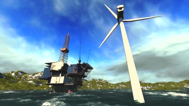 Oil rig platform and wind turbines off shore — Stock Video