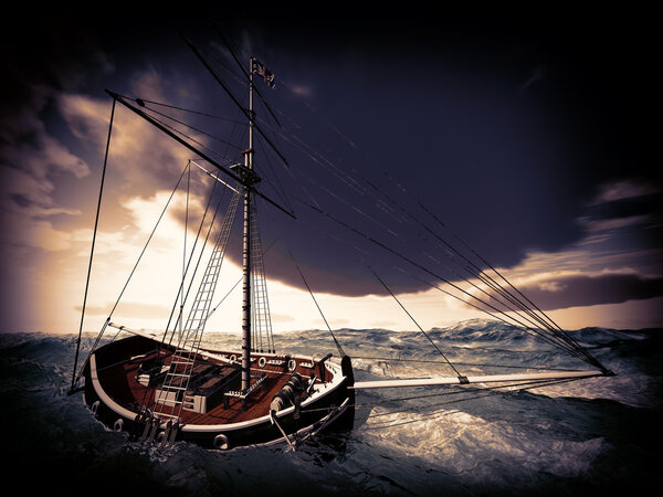 Old pirate frigate sinking on stormy waters