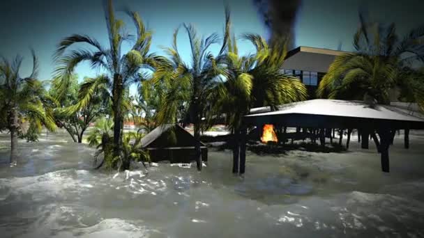 Tsunami destruindo bungalows — Vídeo de Stock