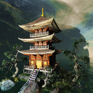 Zen buddhist temple in the mountains clipart