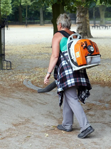 Vrouw werknemer verzamelen gevallen bladeren — Stockfoto