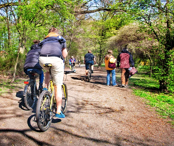Cavalieri in bici nel parco primaverile — Foto Stock