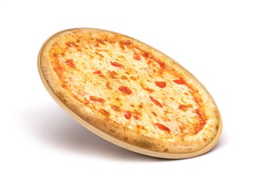 Pizza margherita sinek tanıtım broşürü. Düşen pizza margaritası Tepsisi beyaz arka planda