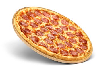 Pizza sineği tanıtım broşürü. Beyaz arka planda tepsisi olan pizza pepperonisi.