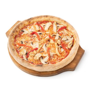 Pizza peyniri ve tavuk, mozzarella, beyaz arka planda izole edilmiş mantarlar.