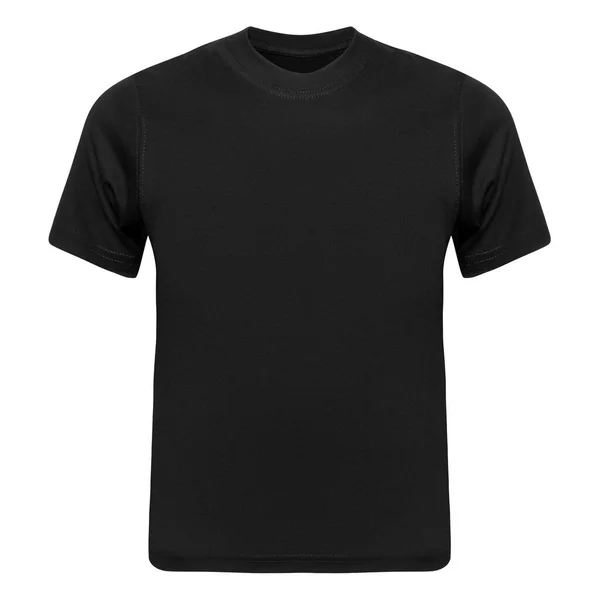 デザインテンプレートとして使用される黒のTシャツモックアップフロント。白に隔離されたティーシャツ — ストック写真