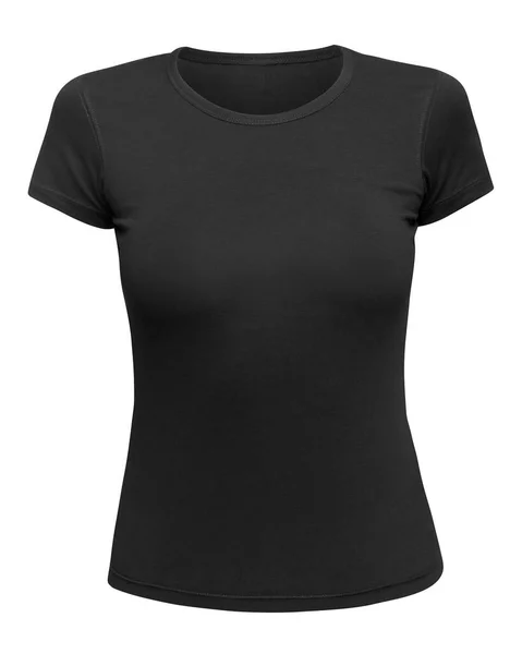 Zwart T-shirt mockup vrouwen front gebruikt als design template. Tee Shirt vrouwelijke blanco geïsoleerd op wit — Stockfoto