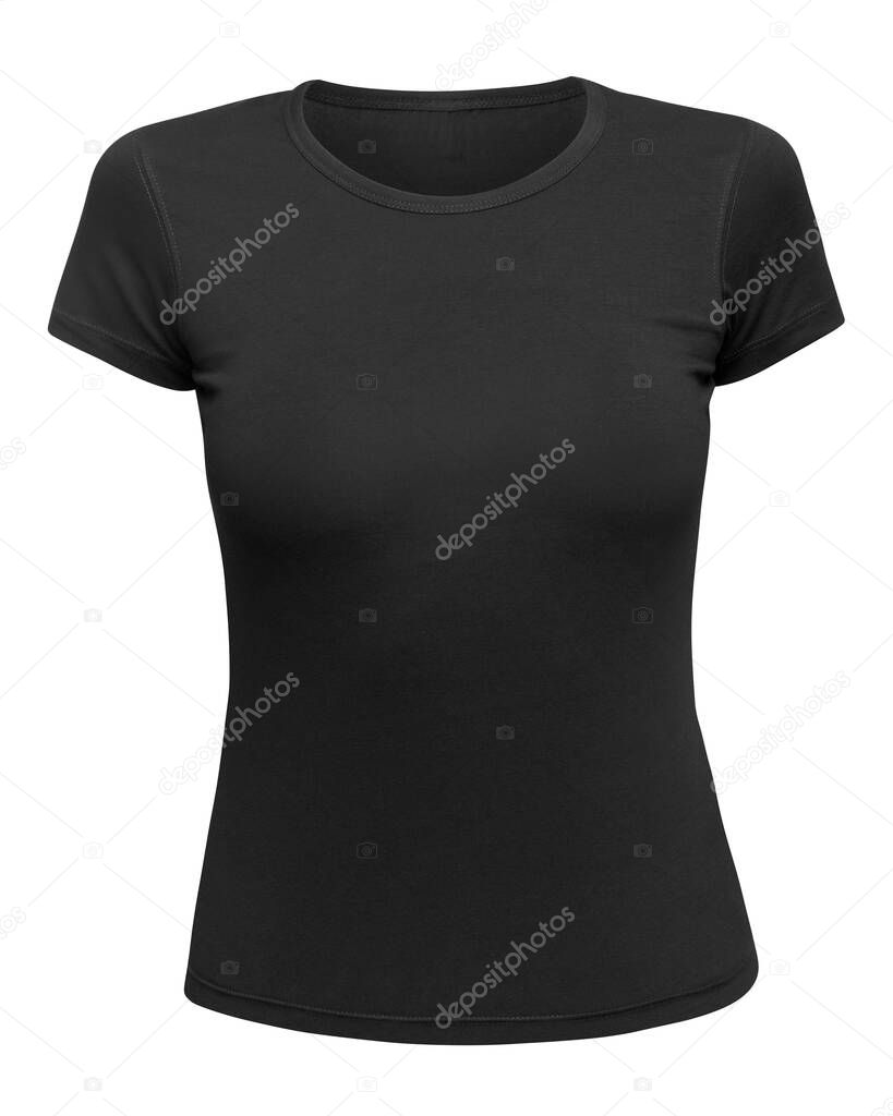 Black T-shirt mockup women front used as design template. Tee Shirt female blank isolated on white