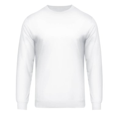 Beyaz kazak modeli. Uzun kollu kazma, kesme yolu, beyaz arka planda izole edilmiş. Tasarım ve yazdırma için şablon eşofman önü