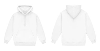 Düz beyaz kapüşonlu şablon. Tasarım ve baskı için uzun kollu düz kollu kapüşonlu sweatshirt. Hoody ön ve arka üst görünümü beyaz arkaplanda izole