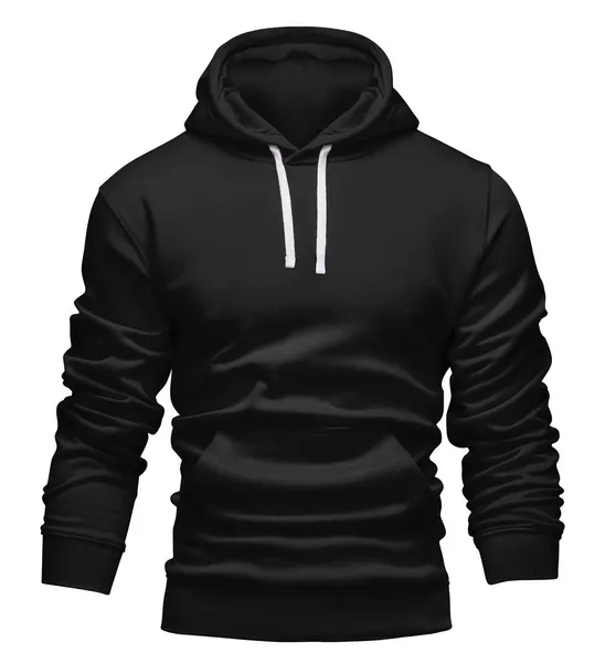 Zwarte hoodie sjabloon. Hoodie sweatshirt lange mouw met knippad, voor design mockup voor print. Hoody geïsoleerd op witte achtergrond. — Stockfoto