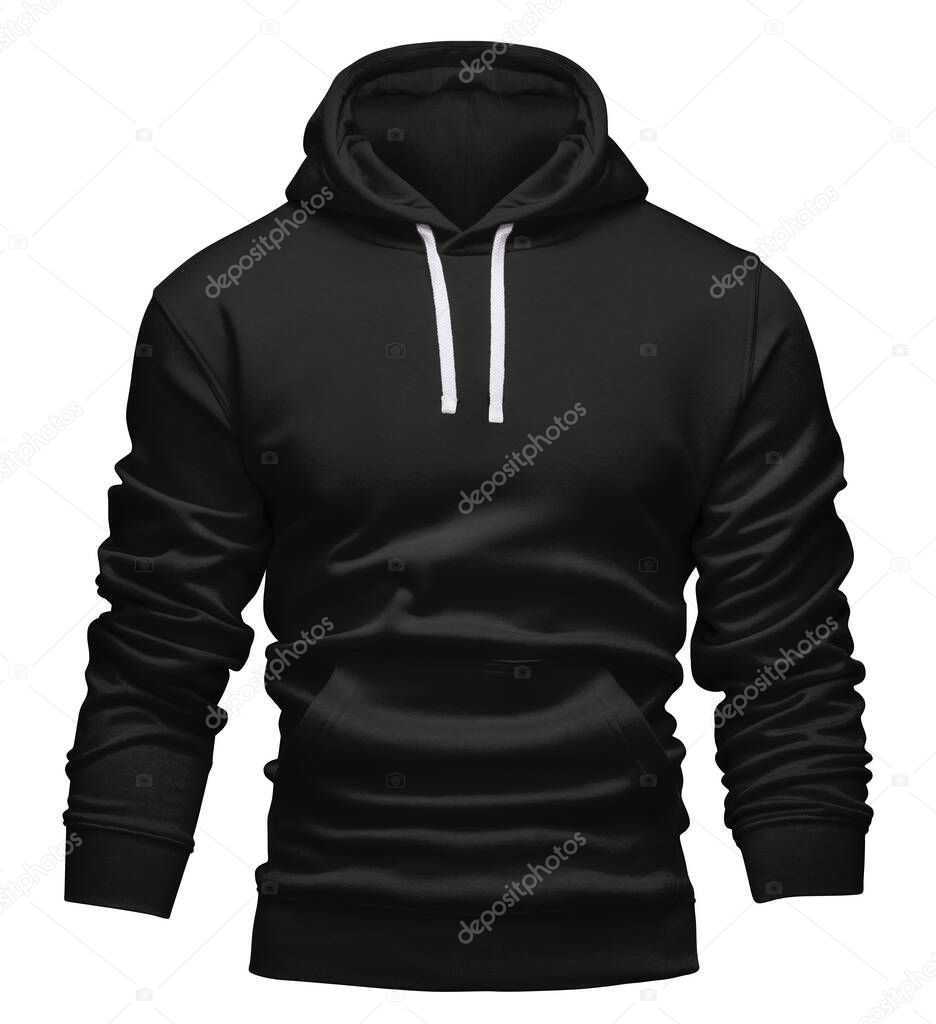 Black hoodie template. Hoodie sweatshirt long sleeve with clipping path, for design mockup for print. Hoody isolated on white background