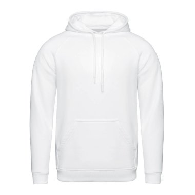 Beyaz kapüşonlu şablon. Kapüşonlu sweatshirt tasarım ve baskı için ön görünüm. Uzun kollu ve kırpma yolu olan kapüşonlu sporlar.