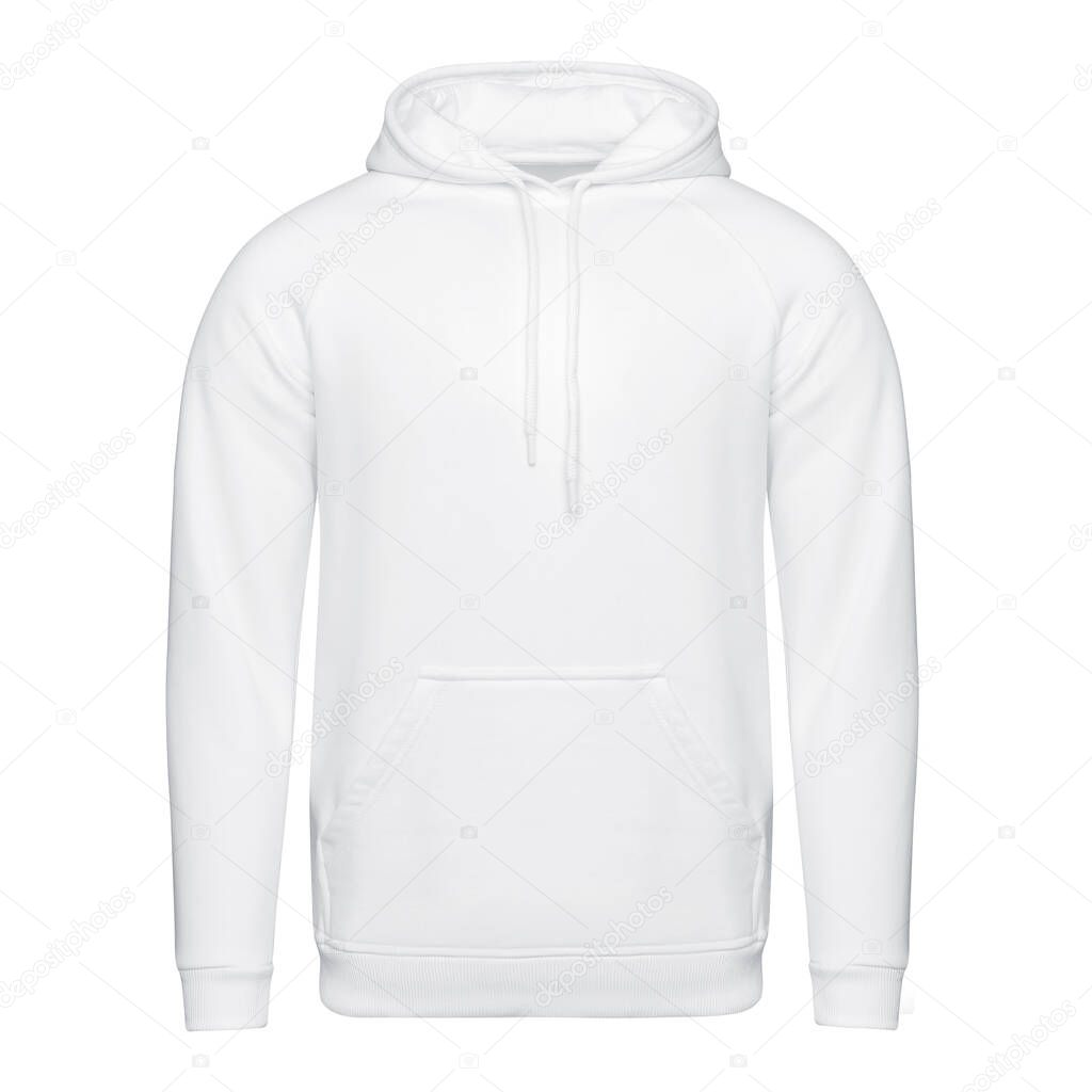 Template white hoodie isolated on white. Hoodie sweatshirt mockup front view for design and print. Hoody sports wear with long sleeve and clipping path.