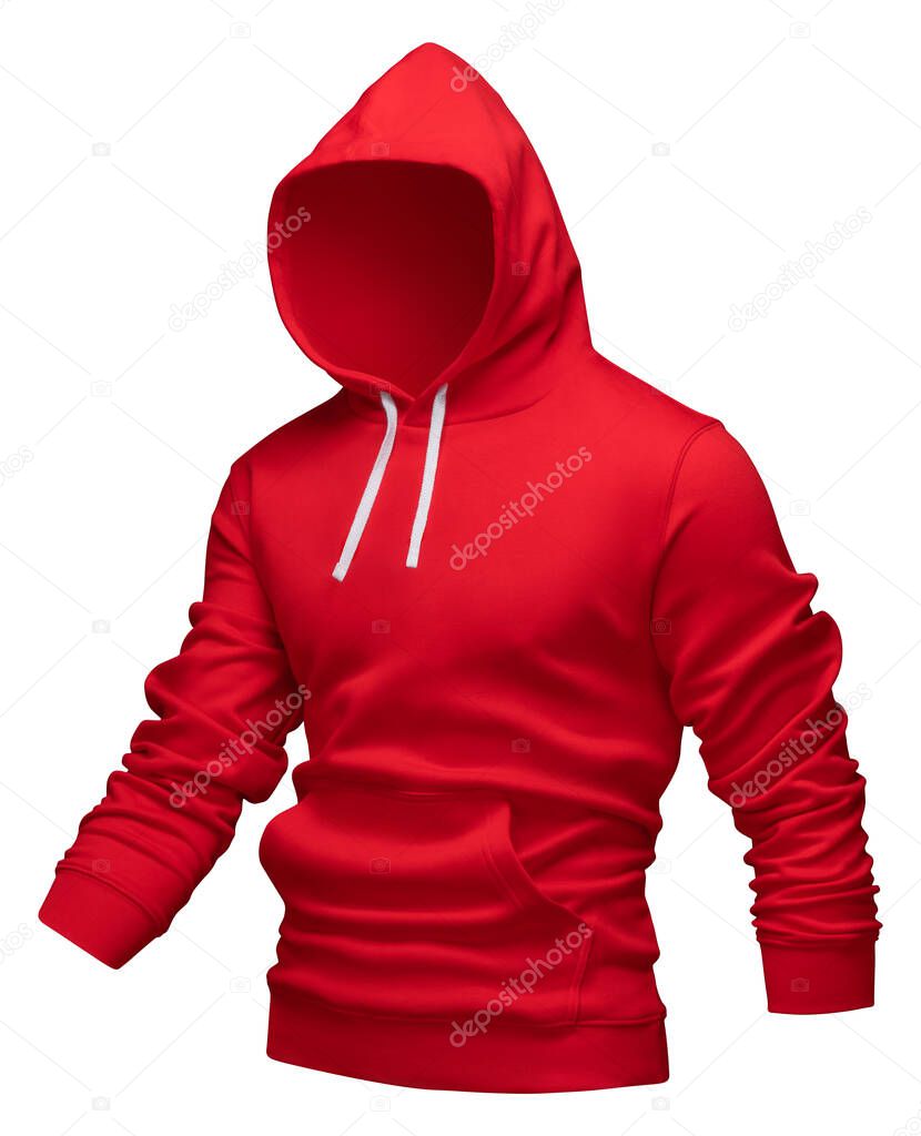 Red hoodie mockup. Hoodie sweatshirt raised long sleeve with clipping path, isolated on white background. Hoody template design for print. Half turn.