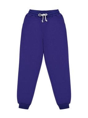 Violet koşu pantolonu modeli. Şablon spor pantolonları tasarım için ön görünüm. Spor kıyafeti beyaza izole edilmiş.