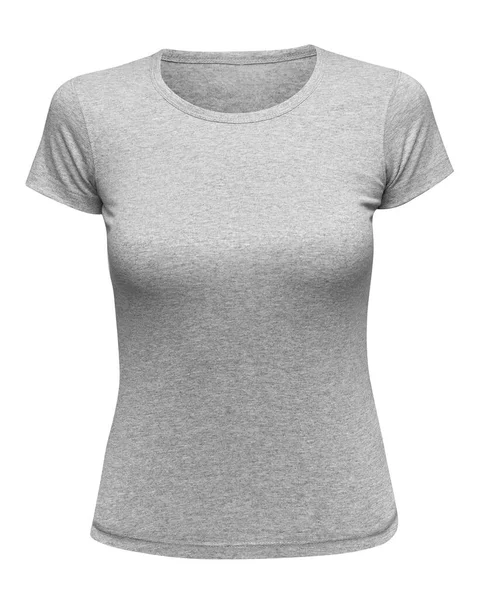 Grijs T-shirt model vrouwen geïsoleerd op wit. Female Tee Shirt leeg als design sjabloon. Vooraanzicht — Stockfoto