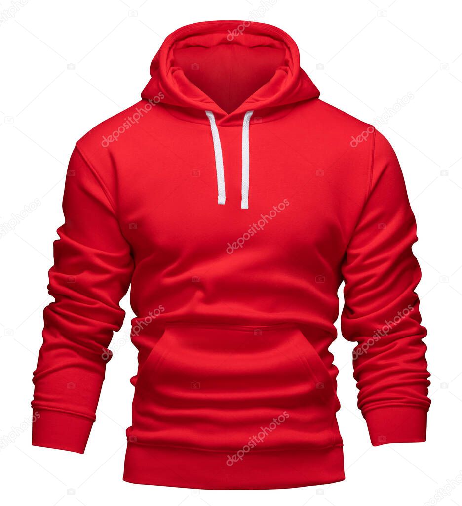 Red hoodie template. Hoodie sweatshirt long sleeve with clipping path, for design mockup for print. Hoody isolated on white background.