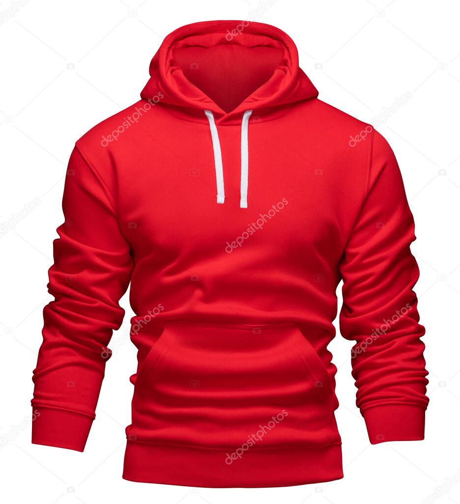 Red hoodie template. Hoodie sweatshirt long sleeve with clipping path, for design mockup for print. Hoody isolated on white background