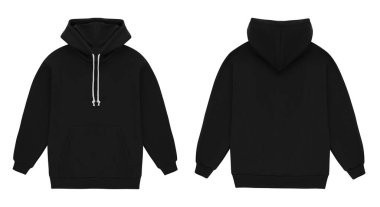 Siyah kapüşonlu kapüşonlu. Damgalamak için uzun kollu kapüşonlu sweatshirt. Hoody ön ve arka üst görünümü beyaz arkaplanda izole